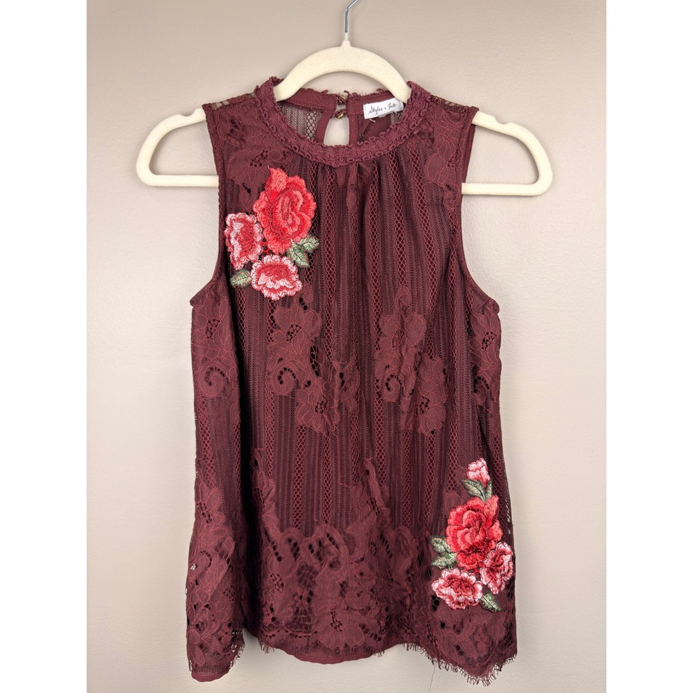 Skylar + Jade Burgundy Lace Embroidered Floral Sleeveless Top T1813-AAA Medium
